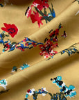 Mustard Yellow Floral Crepe - Red, Blue Flowers