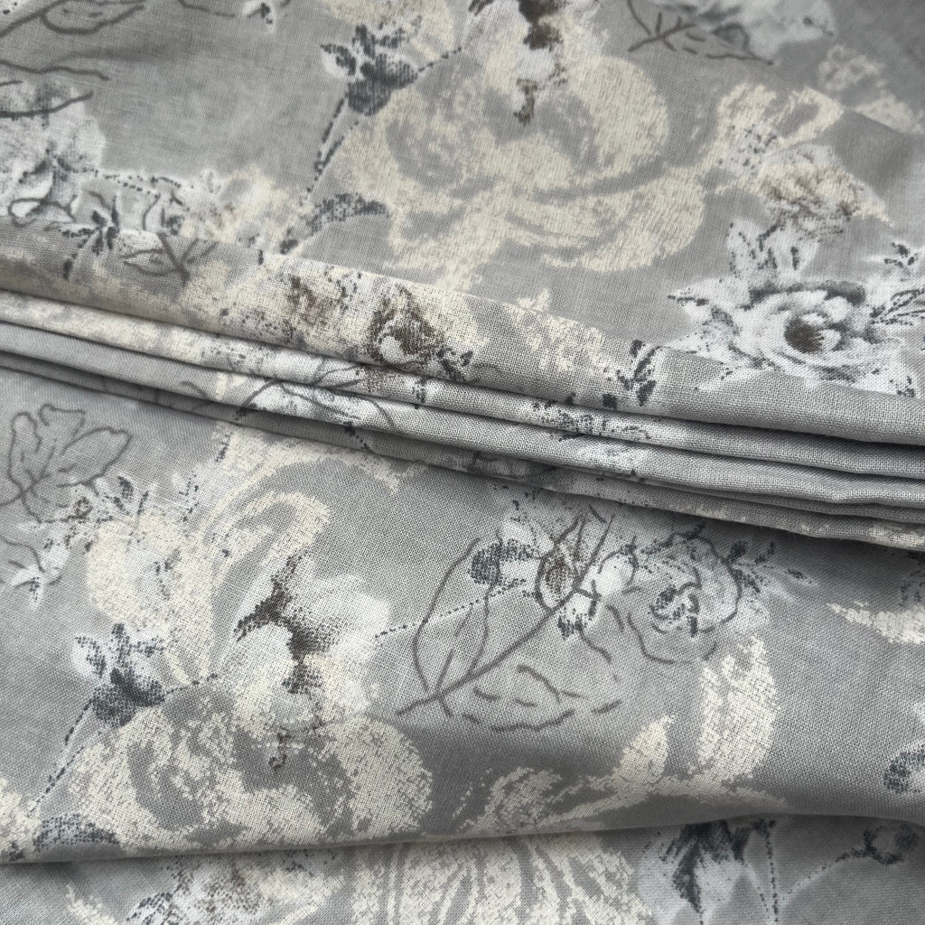 Fine Cotton Lawn Dress Fabric - Grey with Rose Print